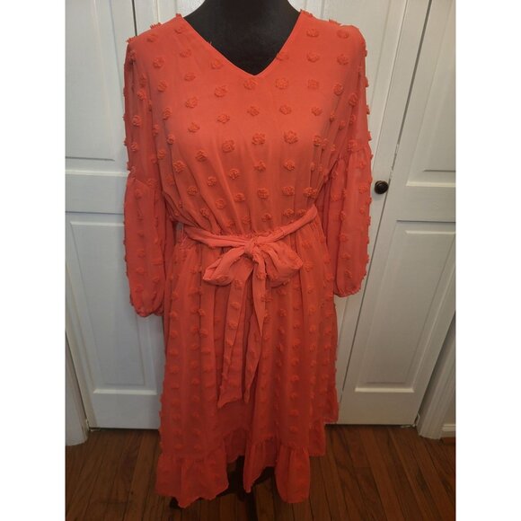 Cato Dresses & Skirts - Coral Sheer Clip Dot Tiered Midi Dress Elastic Waist Cato L Boho Spring Easter